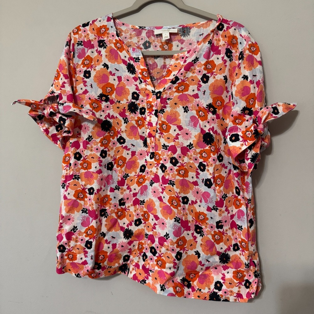 Linen Charter Club Luxury Large 100% linen orange floral short tie sleeves top